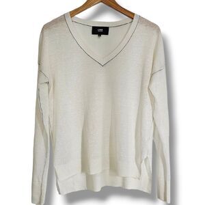 LINE Linen Sweater Size XS Ivory Navy Lightweight V-Neck Drop Shoulder Nautical